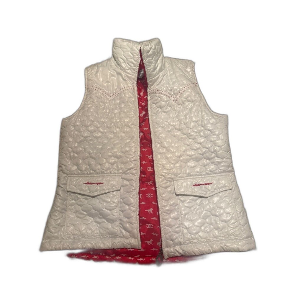 Cowgirl up White Quilted Sleeveless Vest with Red Printed Lining - Ladies